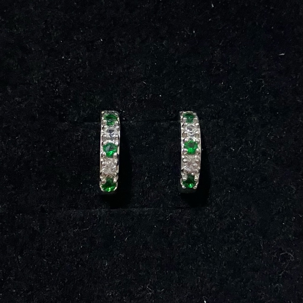 Sterling Silver 925 Green Clear CZ Half Hoop Stud Earrings